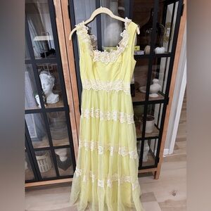 Vintage 1960s Nadine Lace Gown Union Made ILGWU Maxi Party Dress daisy flowers